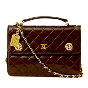Chanel Vintage Two Way Classic CC Double Turn Lock Bag (rare) brown lambskin